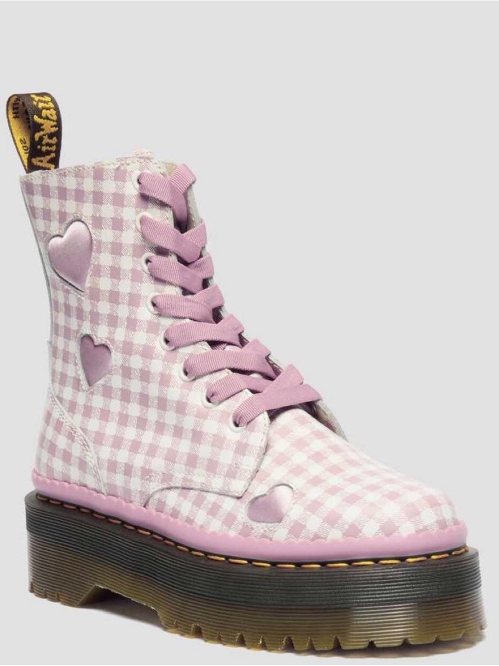 Dr. Martens Pink Gingham Platform Lace-Up Combat Boot with Heart Cutouts